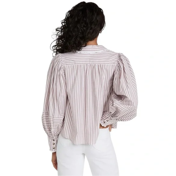 Free People Bexley Cotton Striped Blouse Button Up Puffed Sleeve Lace NEW M - Picture 12 of 15